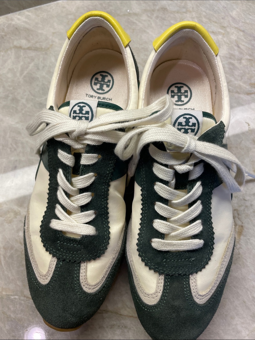 Tory Burch Green, White and Yellow Suede-Trim Lace-Up Sneakers
